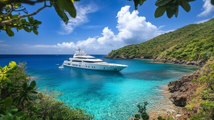 Poster - A magnificent yacht rests peacefully in a secluded cove, embraced by verdant hills and vibrant blue waters under a bright sky with fluffy clouds. It offers a perfect escape for relaxation