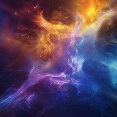 vibrant cosmic nebula cloud glowing with swirling orange, blue, and purple energy amidst stars. abst