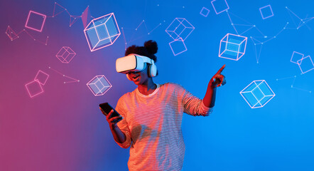 Poster - african girl with vr glasses standing at blue and pink background and looking at floating geometric 