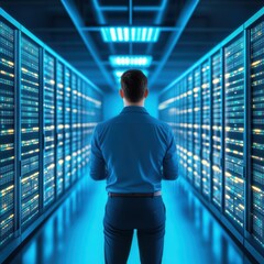 Poster - IT Professional Observing Server Rack in Modern Data Center with Blue Lighting and High-Tech Environment