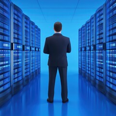 Poster - Professional IT Technician in Modern Data Center Surrounded by Server Racks and Blue Lighting