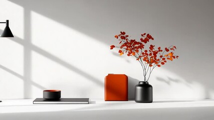 Poster - Modern interior design with minimalist lamp, colorful vases, and vibrant flower arrangement casting shadows on a bright wall