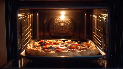 Poster - A freshly baked pizza sits inside an oven on top of a pan, ready to be served