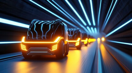 Poster - Futuristic Electric Vehicles in Neon Lit Tunnel with Dynamic Lighting Effects and Modern Design Concepts