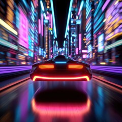 Poster - Futuristic Car Racing Through Neon City Streets at Night with Vibrant Lights and Motion Blur