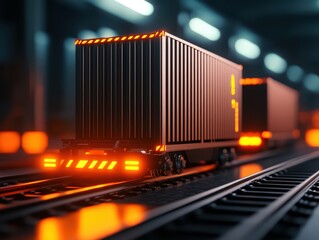 Poster - Futuristic Cargo Train with Glowing Containers on Train Tracks at Night in an Industrial Setting