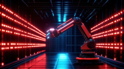 Poster - Futuristic Robotic Arm in a High-Tech Environment with Neon Lights and Dramatic Shadows
