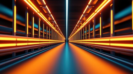 Poster - Futuristic corridor with glowing neon lights and a perspective view towards a vanishing point in a dark setting