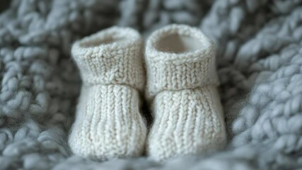 Poster - A pair of soft white knitted baby shoes lying on a blanket