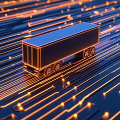 Poster - Futuristic truck on vibrant digital background with glowing lines and technology elements in motion