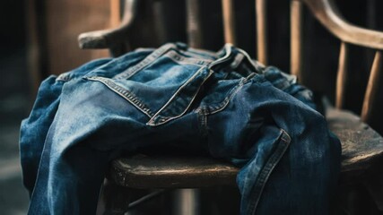 Aufkleber - A pair of jeans sits on top of a wooden chair