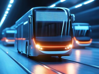Poster - Futuristic Electric Bus Transporting Passengers on a Modern City Street at Night with Neon Lights and Motion Blur
