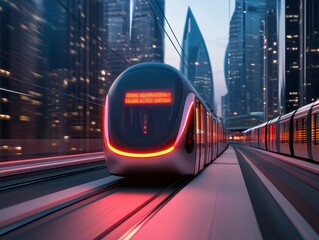 Poster - Futuristic Train Moving Through a Modern Cityscape at Dusk with Bright Lights and Skyscrapers