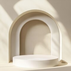 Poster - Minimalist interior with curved arch and round display platform in soft natural light, modern design aesthetic