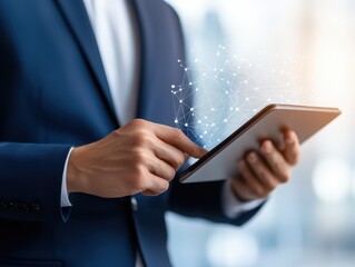 Poster - Businessman in Suit Using Digital Tablet with Abstract Data Connections in Modern Office Environment
