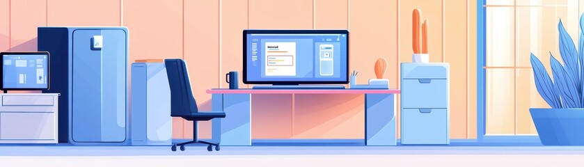 Poster - Bright and Modern Office Interior with Minimalist Furniture and Desktop Computer Setup