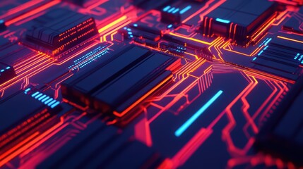 Poster - Futuristic Abstract Circuit Board with Neon Lights in Blue and Red Color Scheme for Technology Background