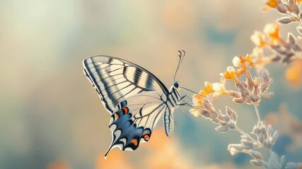 Aufkleber - A black and white butterfly perched on a colorful flower, capturing attention with its unique color scheme