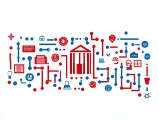 Poster - Abstract Financial Illustration with Icons Representing Bank, Technology, and Data Connections in Blue and Red Colors
