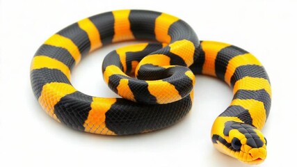 Poster - A yellow and black snake coiled on a white surface, ready to strike