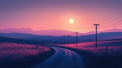 Poster - A dirt road in a field at sunset, with the sky turning orange and yellow