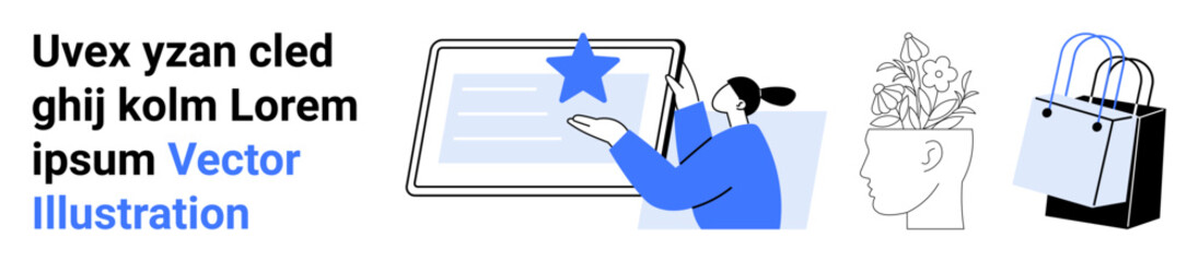 Poster - woman interacting with tablet displaying a star icon, profile with blooming ideas, shopping bags. id