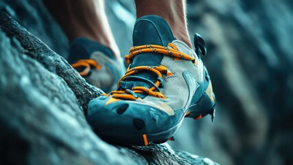 Poster - Close-up shot of a person's shoes sitting on a rock, great for outdoor or adventure-themed projects