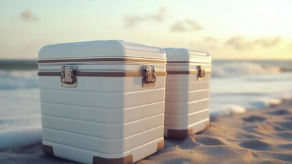 Poster - Two suitcases sit on the sandy beach, waiting to be used for travel