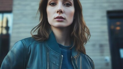 Poster - A woman wearing a leather jacket and blue sweater, great for lifestyle or fashion photography