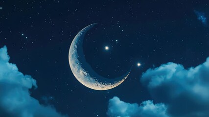 Poster - A crescent moon and a bright star shine in the dark blue night sky