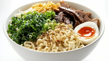 Poster - A steaming hot bowl of ramen noodles filled with juicy meat and colorful vegetables