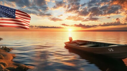 Poster - A boat is floating on the water, with the American flag waving in the background