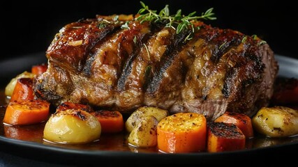 Poster - A juicy cut of meat served with roasted potatoes and carrots, perfect for a hearty meal or dinner party