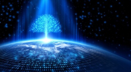 Poster - A glowing tree emerges from a digital landscape, symbolizing growth and technology.