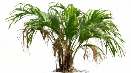 isolated small palm tree with green fan-shaped leaves and exposed roots on a bright white background