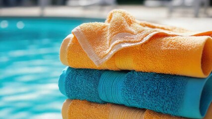 Poster - Towels stacked by a swimming pool