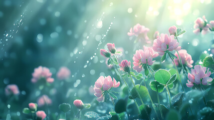 Wall Mural - at first light, soft clover blossoms in morning dew beam with tranquility, framing the calm rise of 