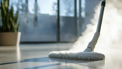 Poster - A detailed view of a mop on a tile floor, ideal for use in cleaning or maintenance scenarios