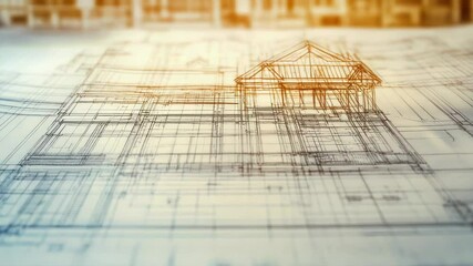 Aufkleber - A simple illustration of a house built on top of a blueprinted foundation, suitable for architectural or educational purposes