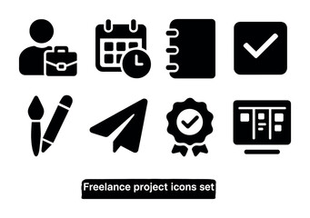 Poster - Freelance project solid icons set – filled, work, business management symbols