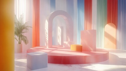 Poster - Colorful abstract interior with geometric shapes and soft lighting creating a vibrant atmosphere