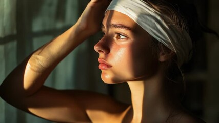 Poster - A woman wearing a white headband looks out the window, potentially lost in thought or contemplating something
