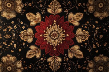 Poster - Intricate floral design with orange petals and dark leaves, showcasing craftsmanship and artistic detail