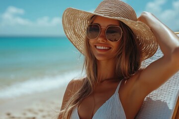 Poster - Smiling woman enjoys sunny beach day while relaxing on chair near clear turquoise water under bright sky