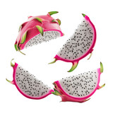Four mid-air slices of dragon fruit with white pulp showcasing vibrant color and fresh texture, Isolated Transparent Background