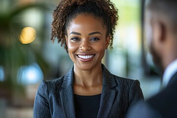 Aufkleber - Business professionals engage in a warm handshake during a networking event in a modern office setting, showcasing collaboration and connection