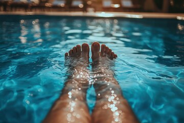 Poster - Relaxing in a pool at sunset with feet submerged in water, capturing the tranquil moment of evening calm and reflection