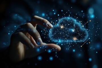 Fototapete - Digital cloud technology interface displayed with data connections and an exploring hand in a futuristic setting at night