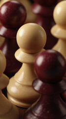 Poster - Close-up of beige and burgundy chess pawns, showcasing smooth, wooden texture.  Represents strategy, competition, and decision-making