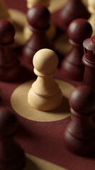Poster - Close-up of wooden chess pawn, light beige, surrounded by dark red pieces, on a textured board, showcasing strategy, competition, and challenge